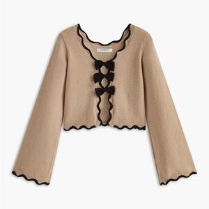 Commense Tan Cardigan with Black Trim and Bow Accents